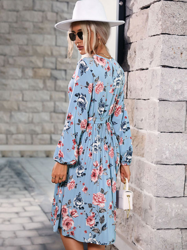 Blue Zone Planet | autumn and winter floral dress long sleeve blue pleated  skirt