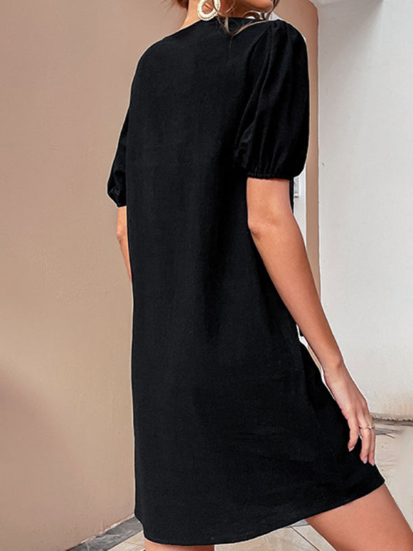 Solid color cotton and linen skirt loose black dress kakaclo