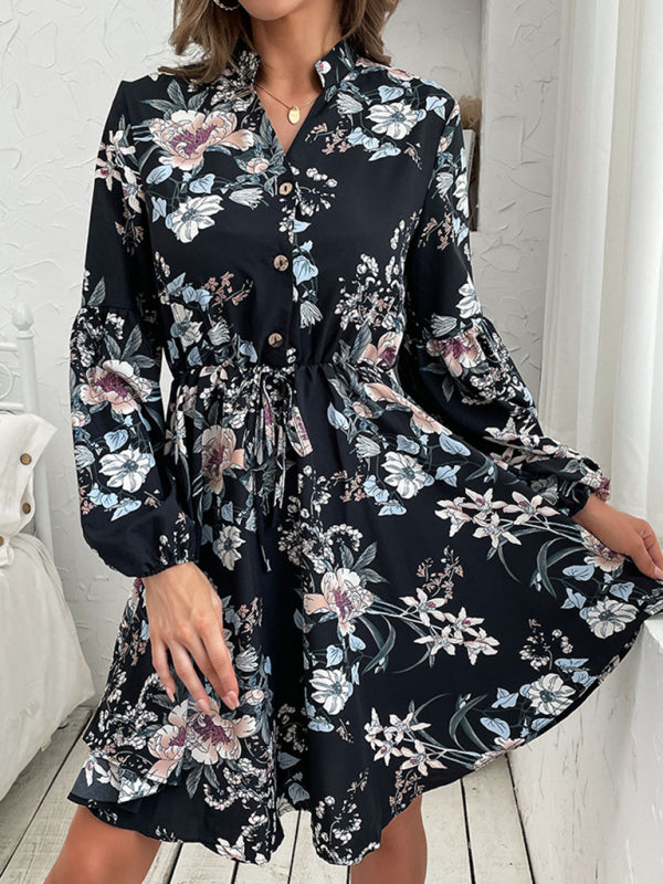 Blue Zone Planet |  Black Vintage Long Sleeve Print Dress BLUE ZONE PLANET