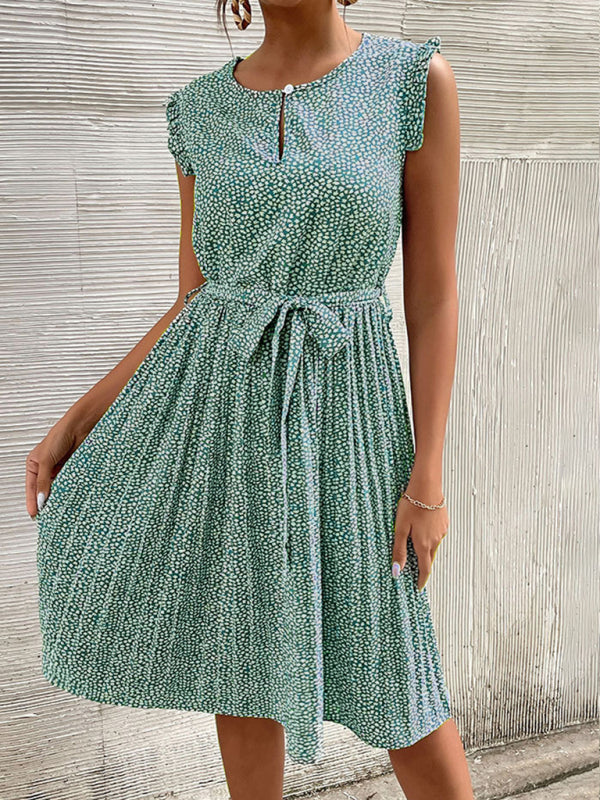 Blue Zone Planet |  Casual Dress Lace-Up Pleated Green Floral Dress BLUE ZONE PLANET