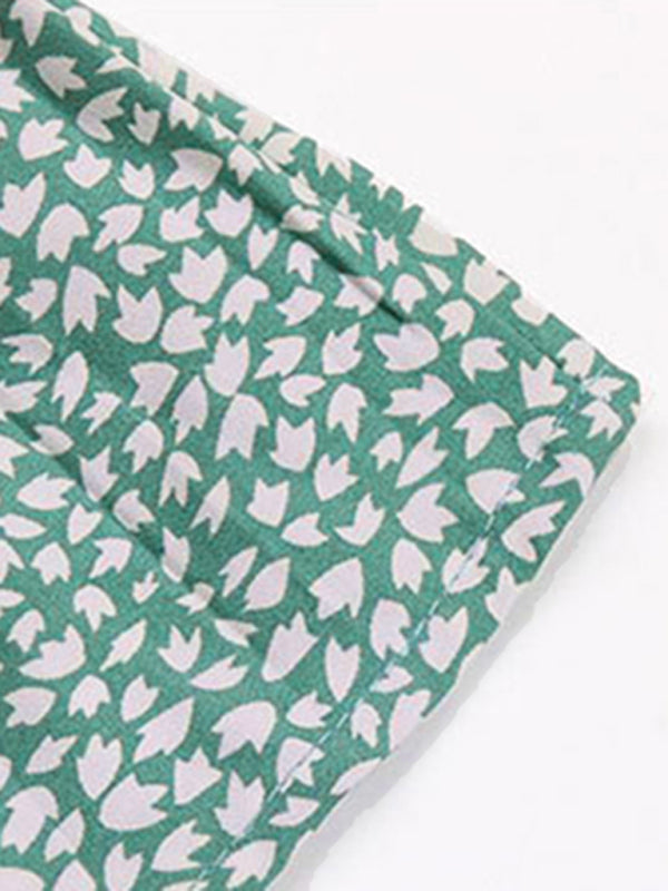 Blue Zone Planet |  Casual Dress Lace-Up Pleated Green Floral Dress BLUE ZONE PLANET