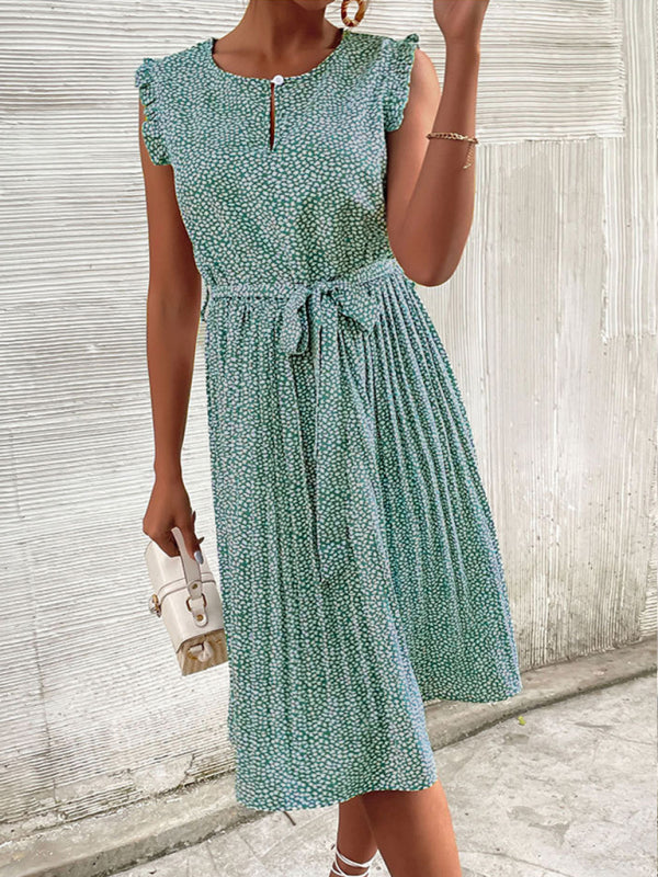 Blue Zone Planet |  Casual Dress Lace-Up Pleated Green Floral Dress BLUE ZONE PLANET