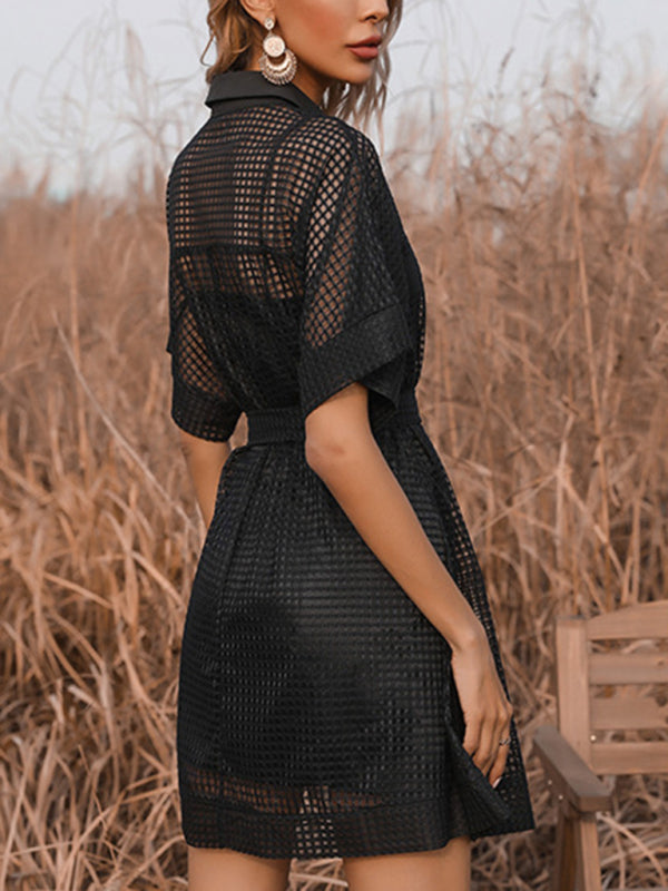Temperament Solid Color Lapel Perspective Mesh Black Dress kakaclo