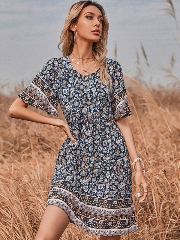 Blue Zone Planet |  Printed Round Neck Short Vintage Dress BLUE ZONE PLANET