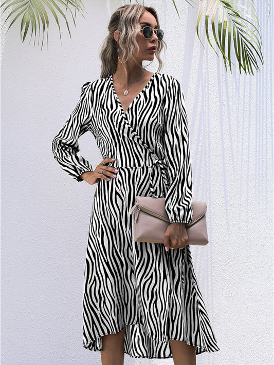 Blue Zone Planet |  Zebra V-Neck Tie One Piece Long Sleeve Dress BLUE ZONE PLANET