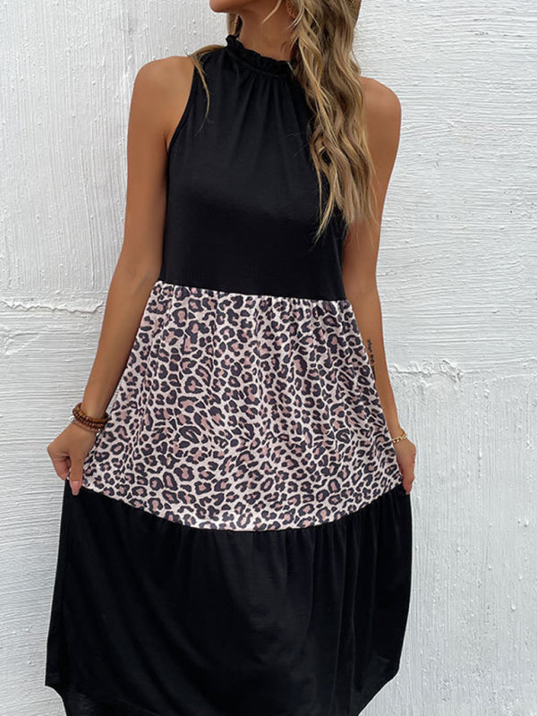 Halter Dress Slim Fit Sleeveless Leopard Panel Dress kakaclo