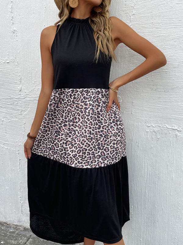 Halter Dress Slim Fit Sleeveless Leopard Panel Dress kakaclo
