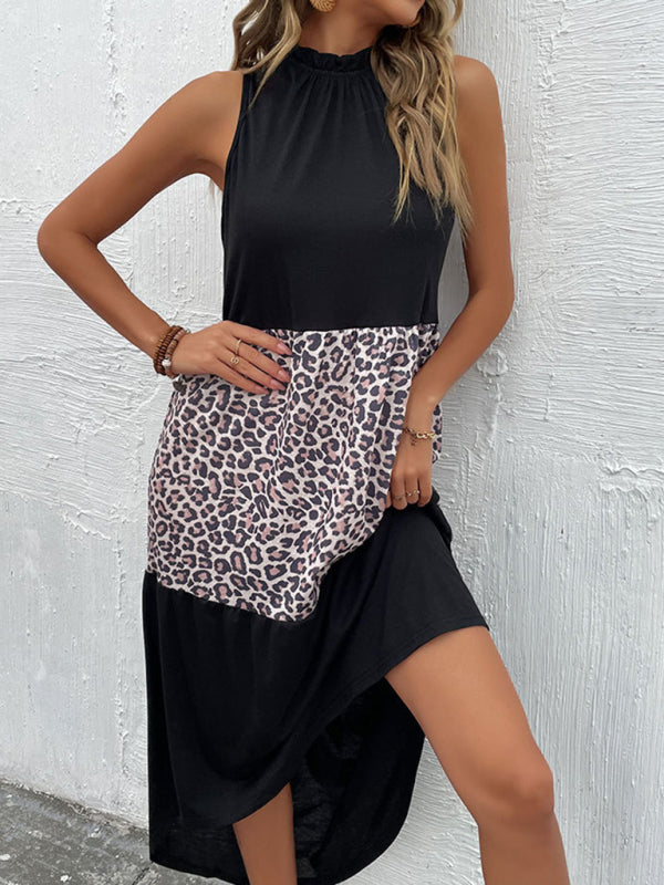 Halter Dress Slim Fit Sleeveless Leopard Panel Dress kakaclo