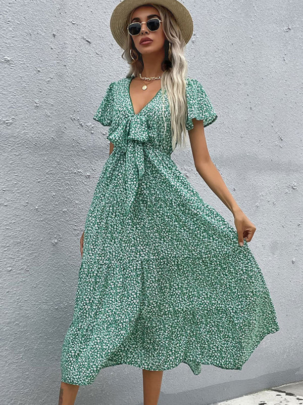 Blue Zone Planet |  Short Sleeve Green Print V-Neck Dress BLUE ZONE PLANET