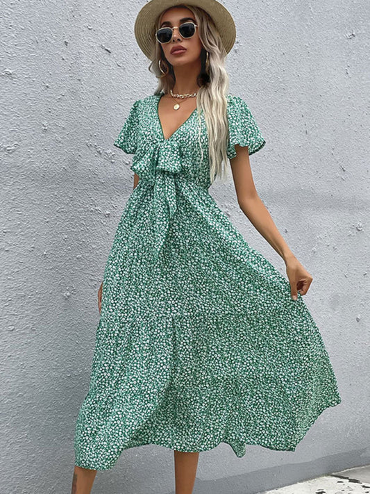 Blue Zone Planet |  Short Sleeve Green Print V-Neck Dress BLUE ZONE PLANET