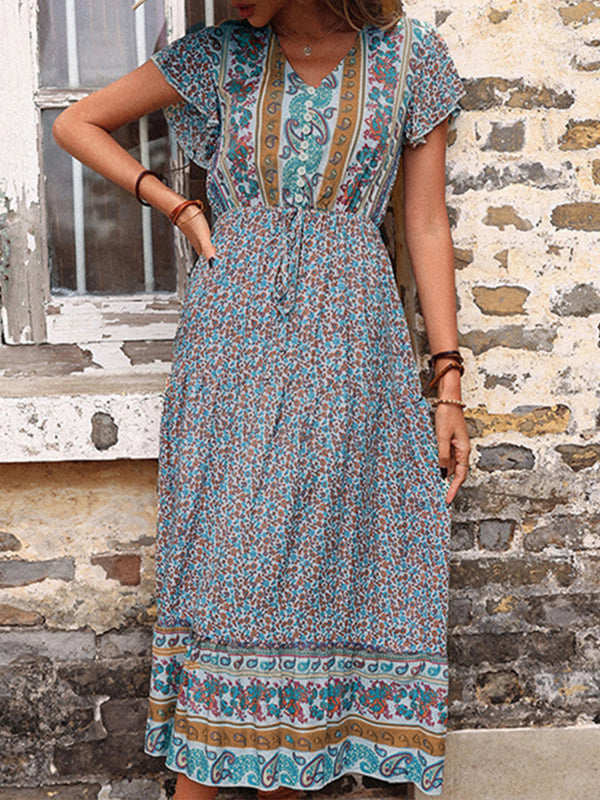 women's summer retro print green slimming dress kakaclo