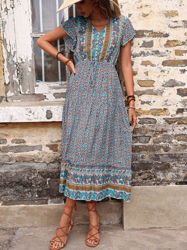 women's summer retro print green slimming dress kakaclo