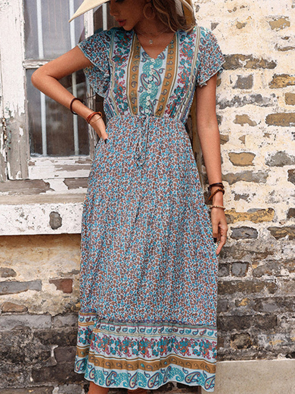 women's summer retro print green slimming dress kakaclo