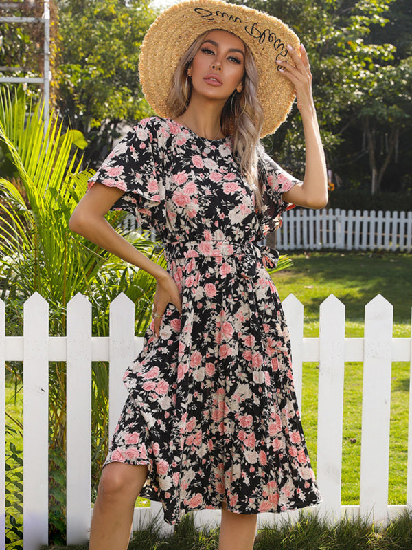 Blue Zone Planet |  Floral Ruffle Sleeve Crew Neck Tie Pleated Dress BLUE ZONE PLANET