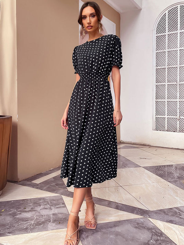 Mid-length skirt retro black polka dot slim dress kakaclo