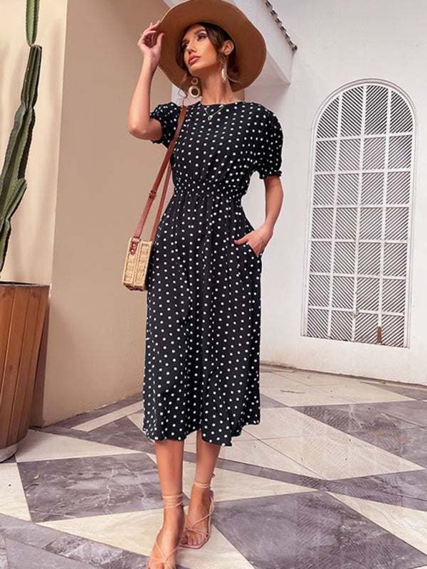 Mid-length skirt retro black polka dot slim dress kakaclo