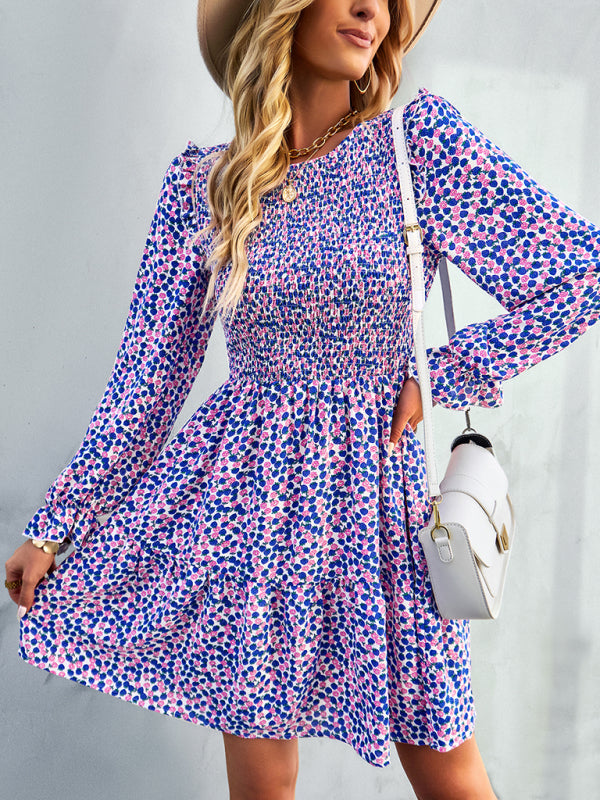 round neck long sleeve versatile Floral Dress-[Adult]-[Female]-Blue-S-2022 Online Blue Zone Planet