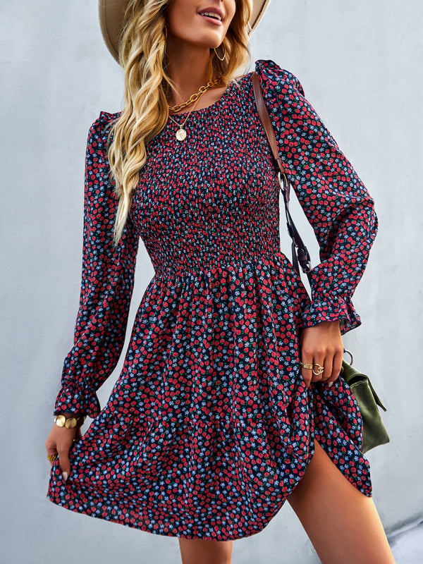 round neck long sleeve versatile Floral Dress-[Adult]-[Female]-Champlain color-S-2022 Online Blue Zone Planet
