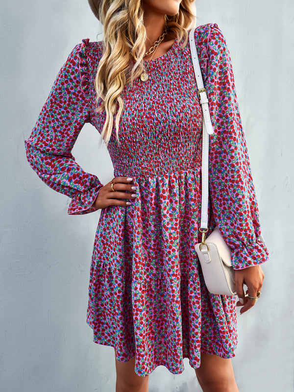round neck long sleeve versatile Floral Dress-[Adult]-[Female]-2022 Online Blue Zone Planet