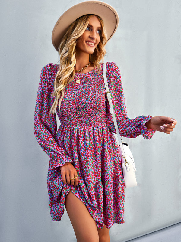 round neck long sleeve versatile Floral Dress-[Adult]-[Female]-2022 Online Blue Zone Planet