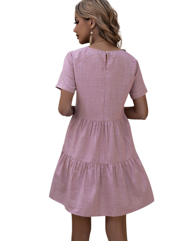 round neck short -sleeved long high -waisted high -waisted coating dress kakaclo