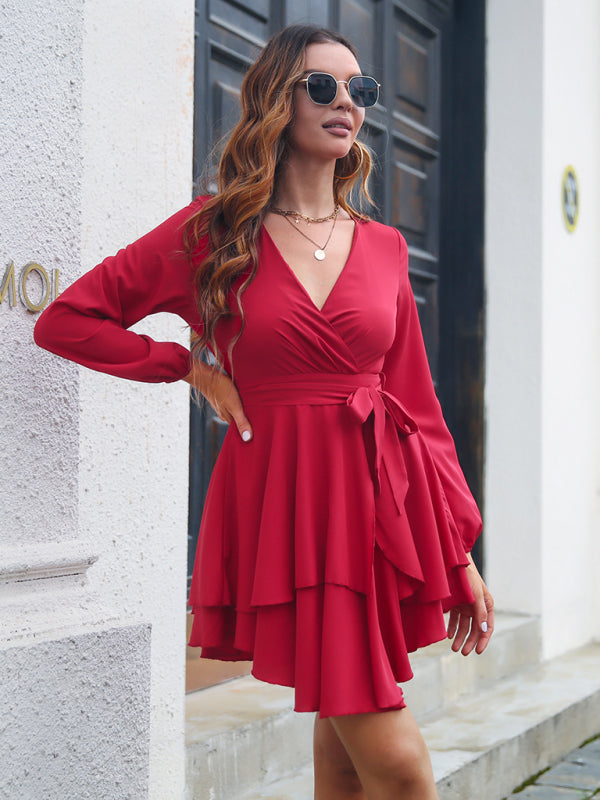 multilayer hem V-neck lace up long sleeved dress-[Adult]-[Female]-2022 Online Blue Zone Planet