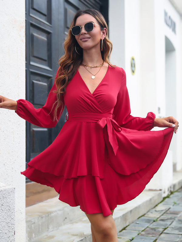 multilayer hem V-neck lace up long sleeved dress-[Adult]-[Female]-2022 Online Blue Zone Planet