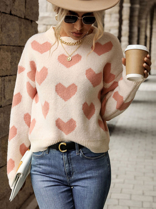 Blue Zone Planet |  Knit Casual Heart Long Sleeve Pink Sweater kakaclo