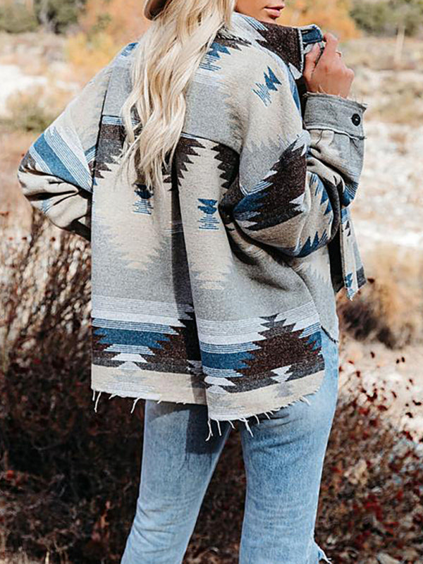 Blue Zone Planet |  Women's Vintage Ethnic Geometric Print Long Sleeve Woolen Jacket kakaclo