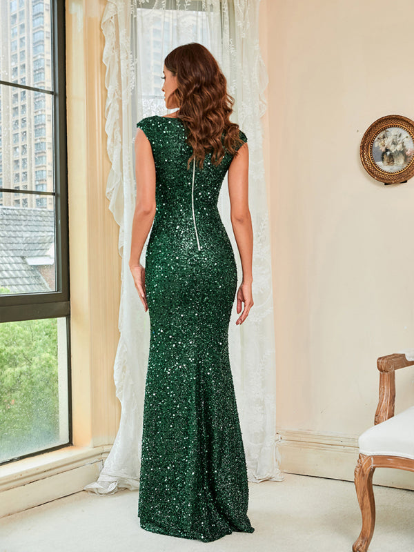 Sequin Green Sling Mid Waist Party Floor Length Prom Dress BLUE ZONE PLANET