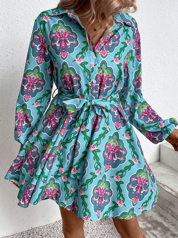 Blue Zone Planet | Woman'S Autumn Lapel High Waist Bow Green Long Sleeve Print Dress Wholesale kakaclo