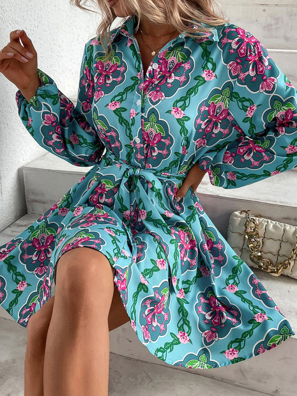 Blue Zone Planet | Woman'S Autumn Lapel High Waist Bow Green Long Sleeve Print Dress Wholesale kakaclo