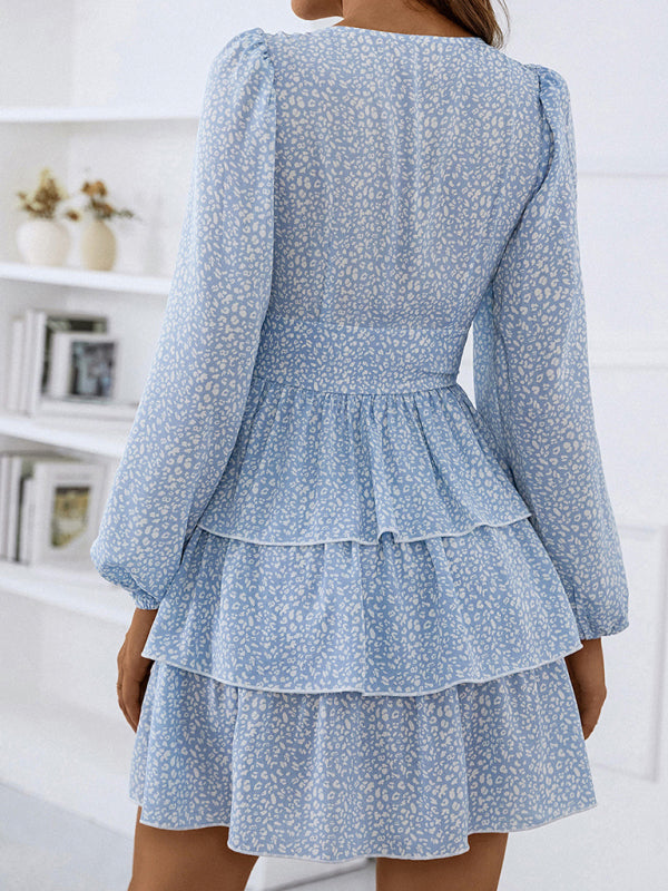 Blue Zone Planet | Woman'S Spring And Autumn Cake Skirt V-Neck Waist Puff Sleeve Polka Dot Print Dress kakaclo