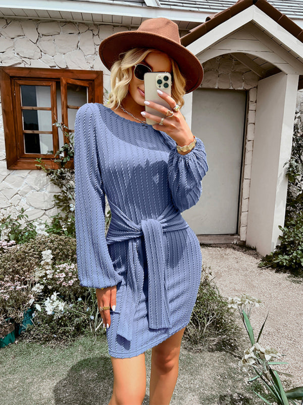 Round Neck Long Sleeve Waist Slim Dress BLUE ZONE PLANET
