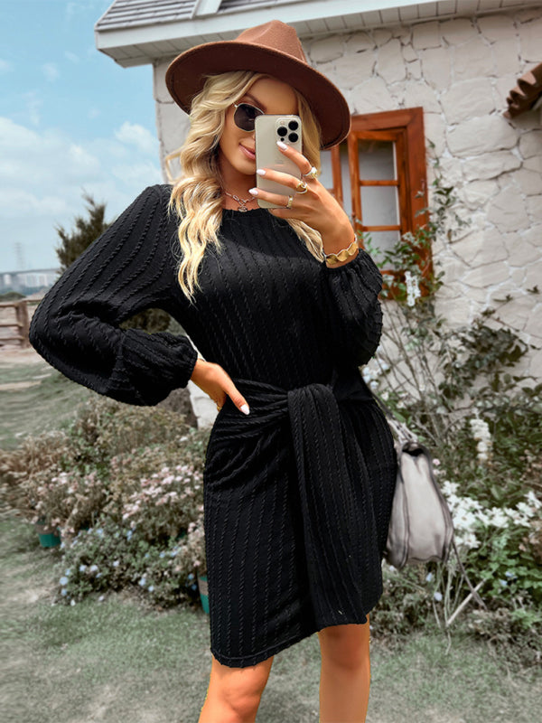 Round Neck Long Sleeve Waist Slim Dress BLUE ZONE PLANET