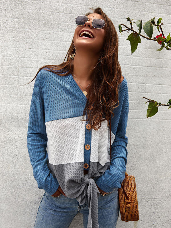Blue Zone Planet |  Long Sleeve Knit V-Neck Panel Top BLUE ZONE PLANET