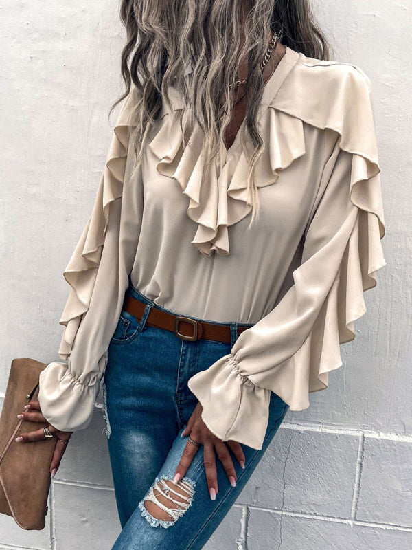 Blue Zone Planet |  Solid V-Neck Ruffle Panel Top BLUE ZONE PLANET
