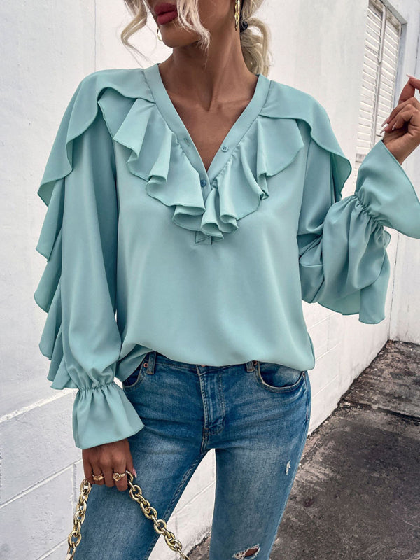 Blue Zone Planet |  Solid V-Neck Ruffle Panel Top BLUE ZONE PLANET
