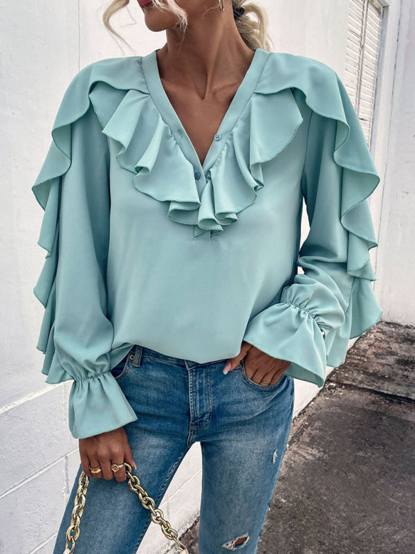 Blue Zone Planet |  Solid V-Neck Ruffle Panel Top BLUE ZONE PLANET