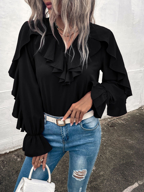 Blue Zone Planet |  Solid V-Neck Ruffle Panel Top BLUE ZONE PLANET