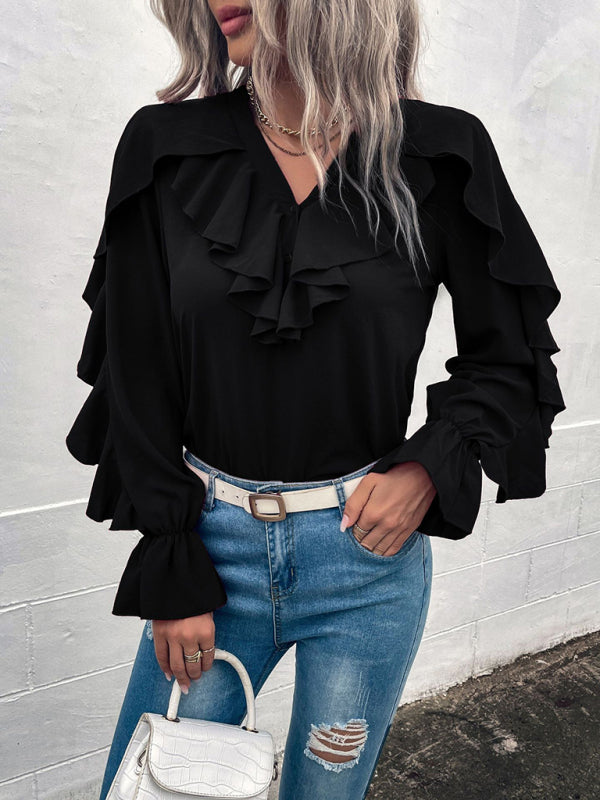 Blue Zone Planet |  Solid V-Neck Ruffle Panel Top BLUE ZONE PLANET