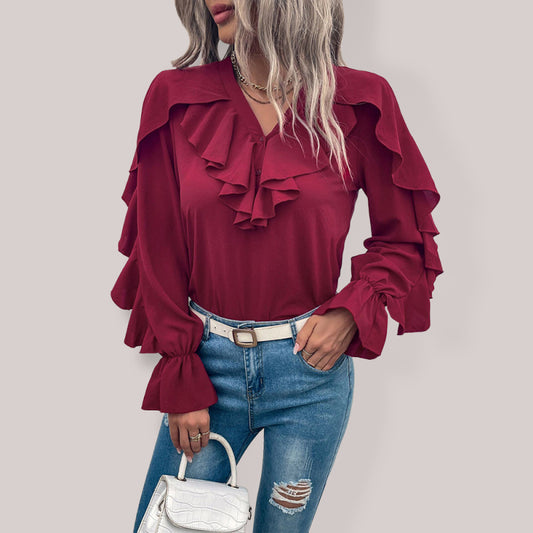 Solid V-Neck Ruffle Panel Top-[Adult]-[Female]-Wine Red-S-2022 Online Blue Zone Planet