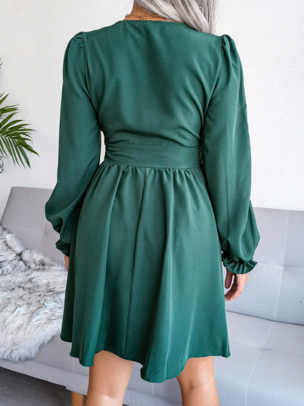 Blue Zone Planet |  Sophie's V-Neck Chiffon Waist Bishop Sleeve Pleated Mini Dress BLUE ZONE PLANET