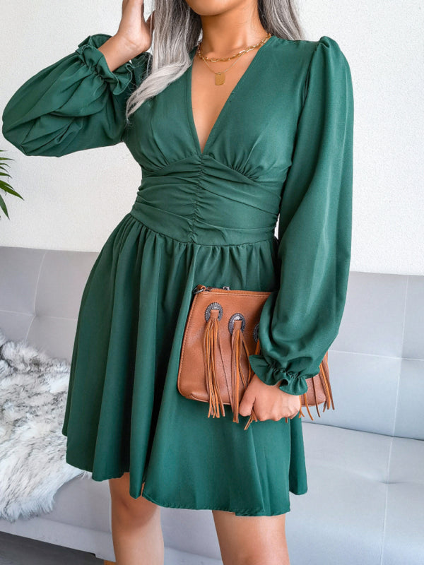 Blue Zone Planet |  Sophie's V-Neck Chiffon Waist Bishop Sleeve Pleated Mini Dress BLUE ZONE PLANET