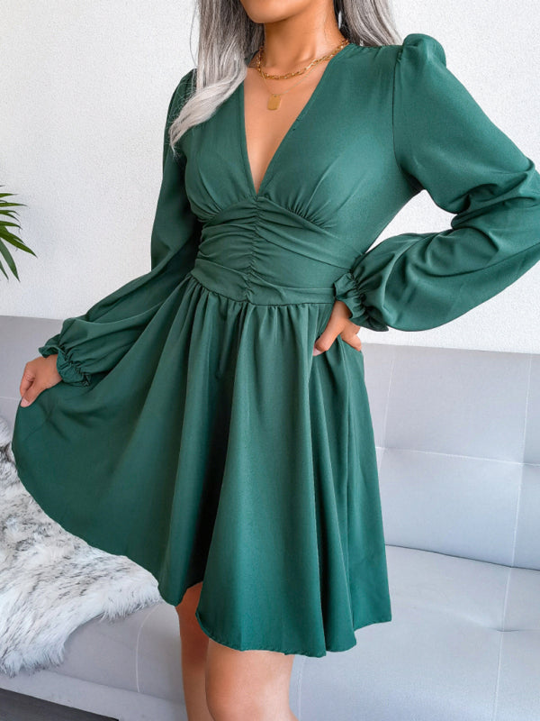 Blue Zone Planet |  Sophie's V-Neck Chiffon Waist Bishop Sleeve Pleated Mini Dress BLUE ZONE PLANET