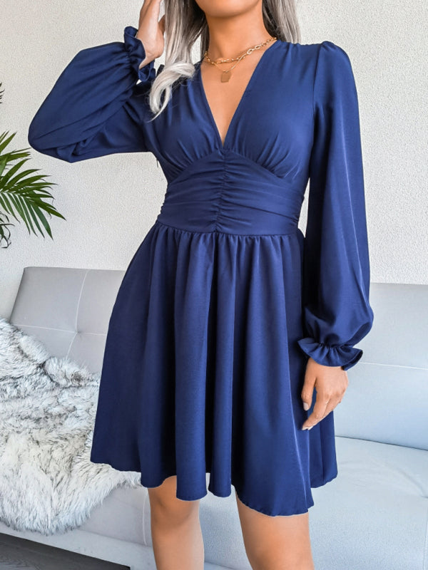 Blue Zone Planet |  Sophie's V-Neck Chiffon Waist Bishop Sleeve Pleated Mini Dress BLUE ZONE PLANET