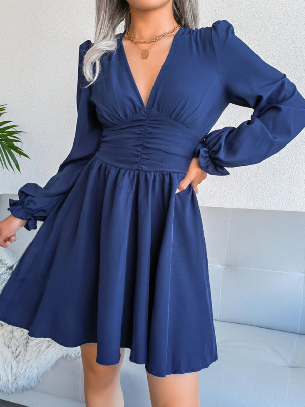 Blue Zone Planet |  Sophie's V-Neck Chiffon Waist Bishop Sleeve Pleated Mini Dress BLUE ZONE PLANET