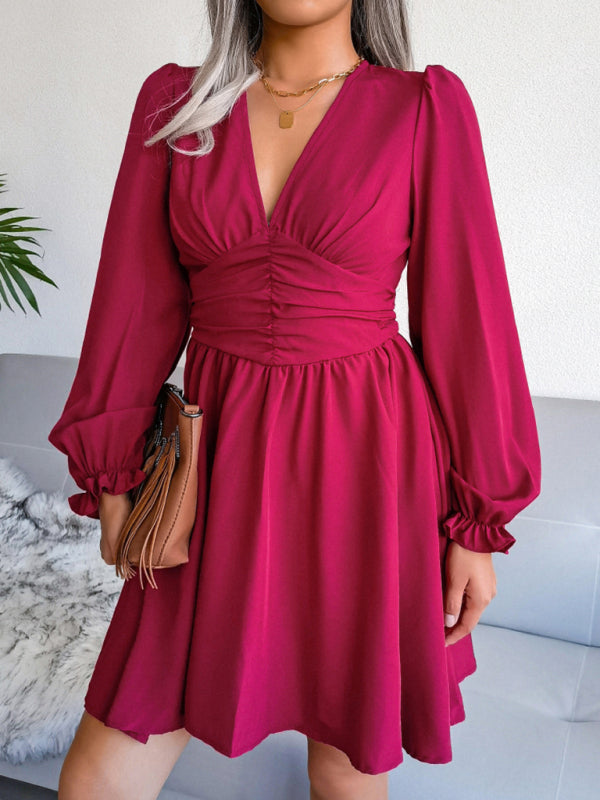 Blue Zone Planet |  Sophie's V-Neck Chiffon Waist Bishop Sleeve Pleated Mini Dress BLUE ZONE PLANET