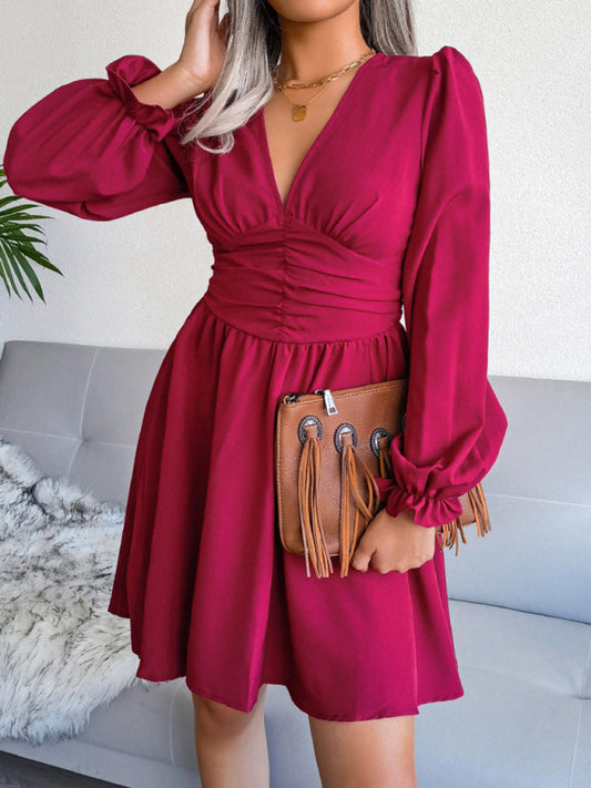 Blue Zone Planet |  Sophie's V-Neck Chiffon Waist Bishop Sleeve Pleated Mini Dress BLUE ZONE PLANET