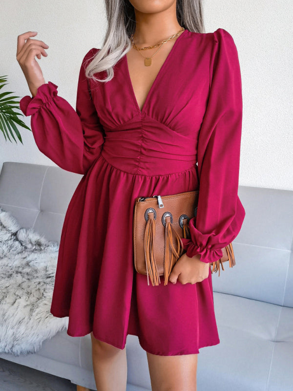 Blue Zone Planet |  Sophie's V-Neck Chiffon Waist Bishop Sleeve Pleated Mini Dress BLUE ZONE PLANET